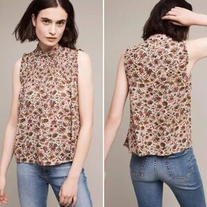 MAEVE Anthropologie Darby Smocked Jacobean Floral Top Neutral Motif Size 8